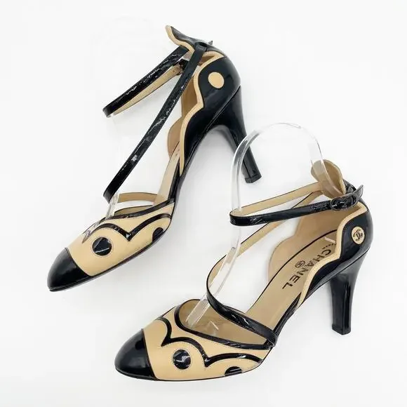 Chanel Vintage Beige Black Patent Leather Cap Toe CC Logo Strappy Heels EU 40 - Picture 4 of 16